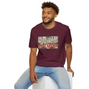 Christmas Post Office vintage holiday graphic T-shirt on female model Black Christmas Post Office retro postal graphic tee front view Vintage Christmas mail themed unisex T-shirt Christmas Post Office holiday graphic shirt with antique postal artwork