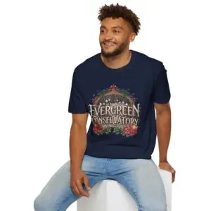 Evergreen Conservatory vintage botanical Christmas graphic T-shirt on female model Navy Evergreen Conservatory holiday greenhouse graphic tee front view Vintage botanical Christmas unisex T-shirt Evergreen Conservatory festive greenhouse graphic shirt