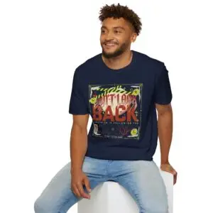 Woman wearing a navy blue Watch Your Back vintage Halloween graphic unisex t-shirt with distressed typography and spooky artwork on a white studio background.