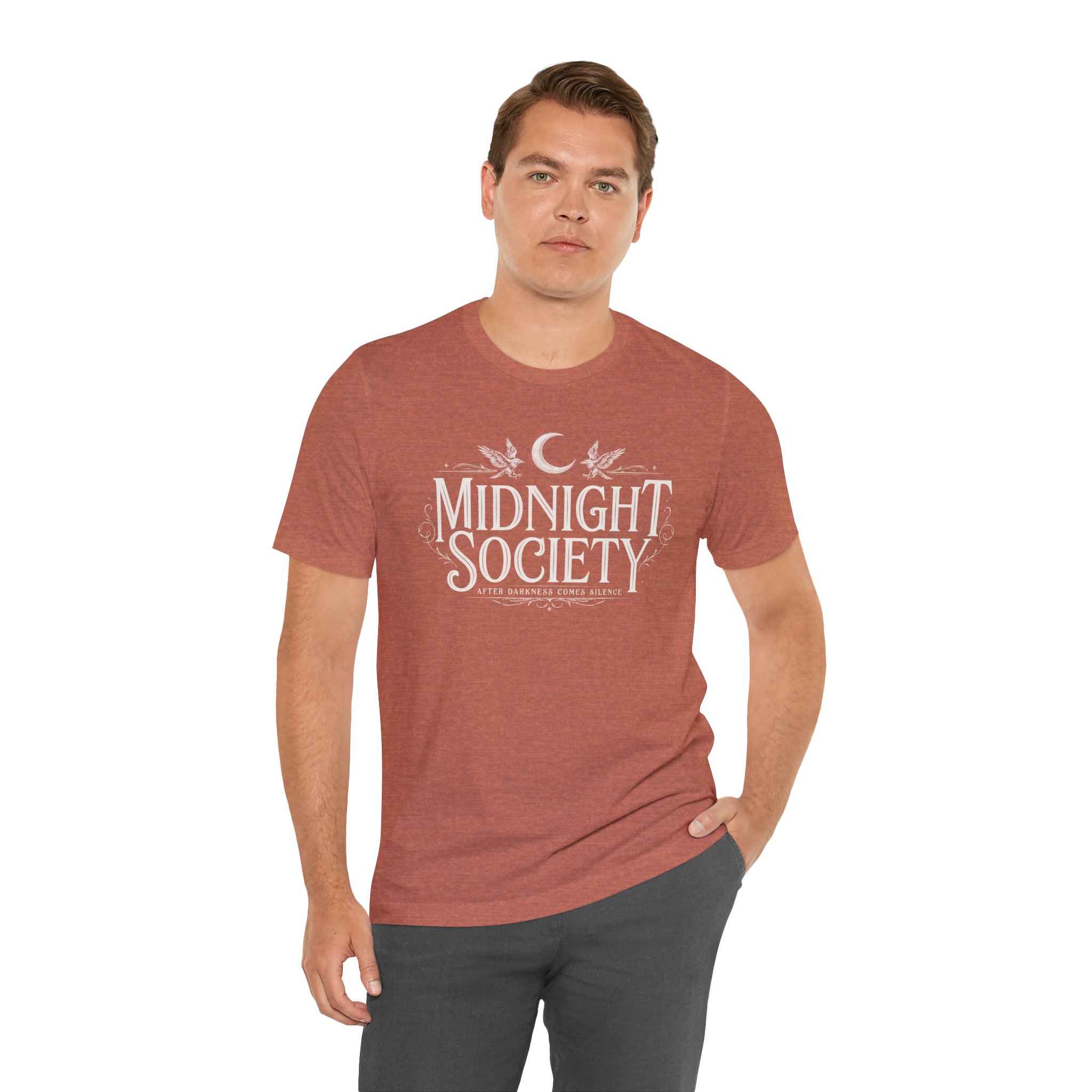 Woman wearing Midnight Society Gothic Halloween graphic t-shirt featuring vintage moon and bat front design. Bella+Canvas Midnight Society Halloween t-shirt with gothic front print on premium unisex cotton tee. Front view of Midnight Society spooky season graphic tee with moon, bats and vintage gothic typography. Premium Halloween graphic t-shirt with minimalist Midnight Society front artwork for autumn fashion