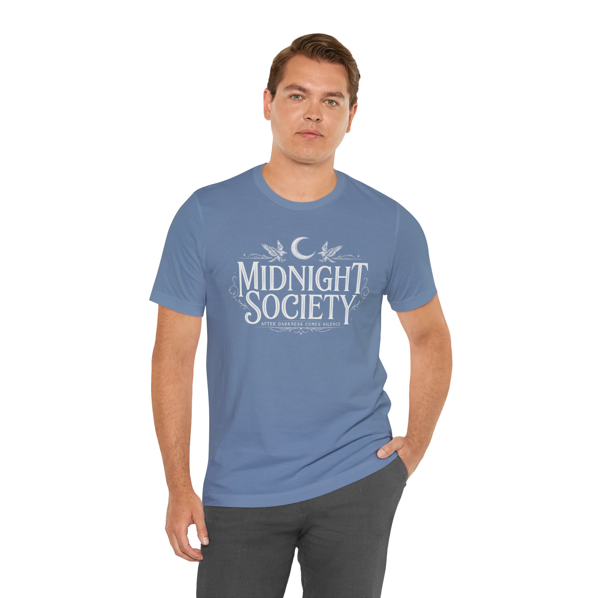 Woman wearing Midnight Society Gothic Halloween graphic t-shirt featuring vintage moon and bat front design. Bella+Canvas Midnight Society Halloween t-shirt with gothic front print on premium unisex cotton tee. Front view of Midnight Society spooky season graphic tee with moon, bats and vintage gothic typography. Premium Halloween graphic t-shirt with minimalist Midnight Society front artwork for autumn fashion