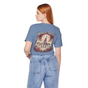Woman wearing Midnight Society Gothic Halloween graphic t-shirt featuring vintage moon and bat front design. Bella+Canvas Midnight Society Halloween t-shirt with gothic front print on premium unisex cotton tee. Front view of Midnight Society spooky season graphic tee with moon, bats and vintage gothic typography. Premium Halloween graphic t-shirt with minimalist Midnight Society front artwork for autumn fashion
