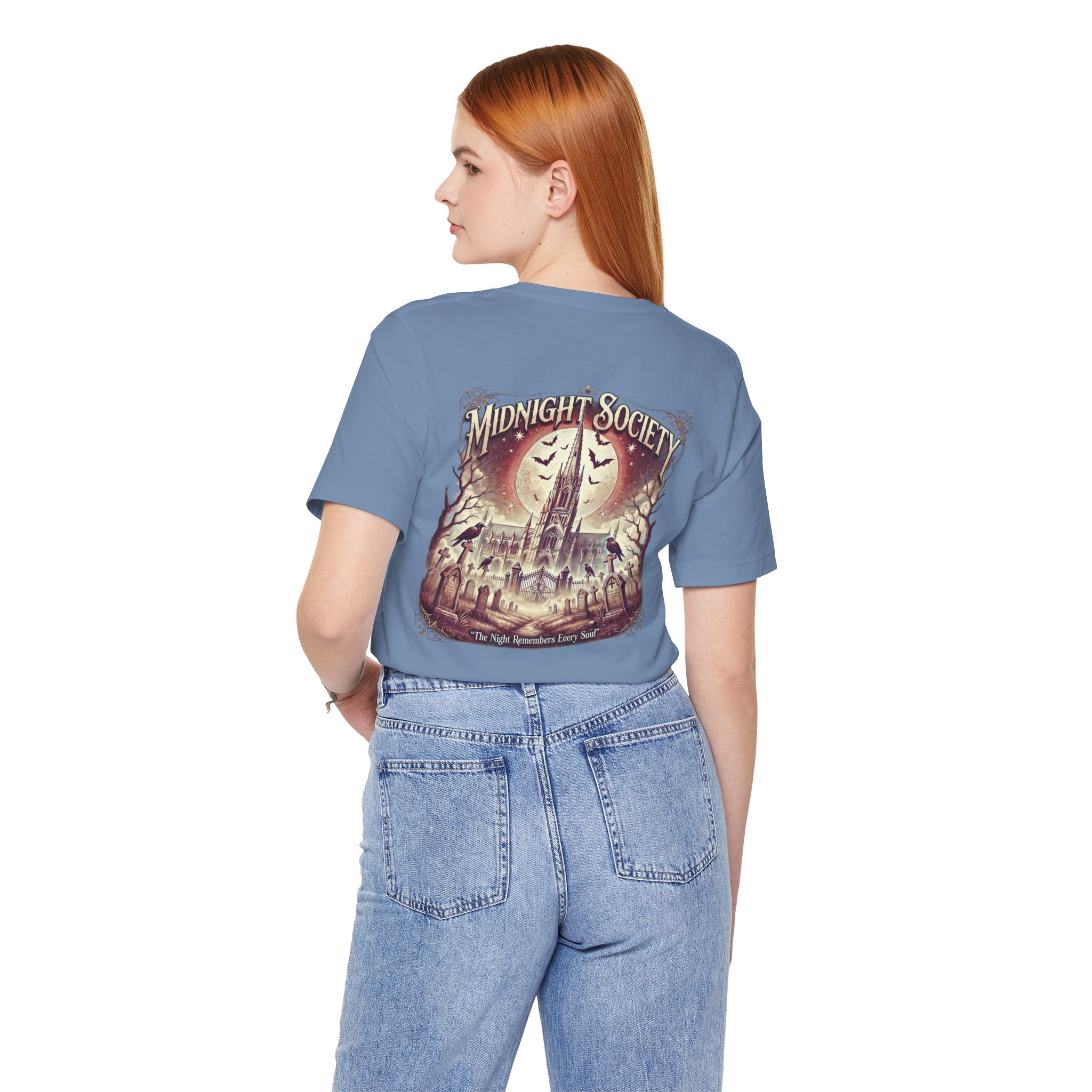 Woman wearing Midnight Society Gothic Halloween graphic t-shirt featuring vintage moon and bat front design. Bella+Canvas Midnight Society Halloween t-shirt with gothic front print on premium unisex cotton tee. Front view of Midnight Society spooky season graphic tee with moon, bats and vintage gothic typography. Premium Halloween graphic t-shirt with minimalist Midnight Society front artwork for autumn fashion