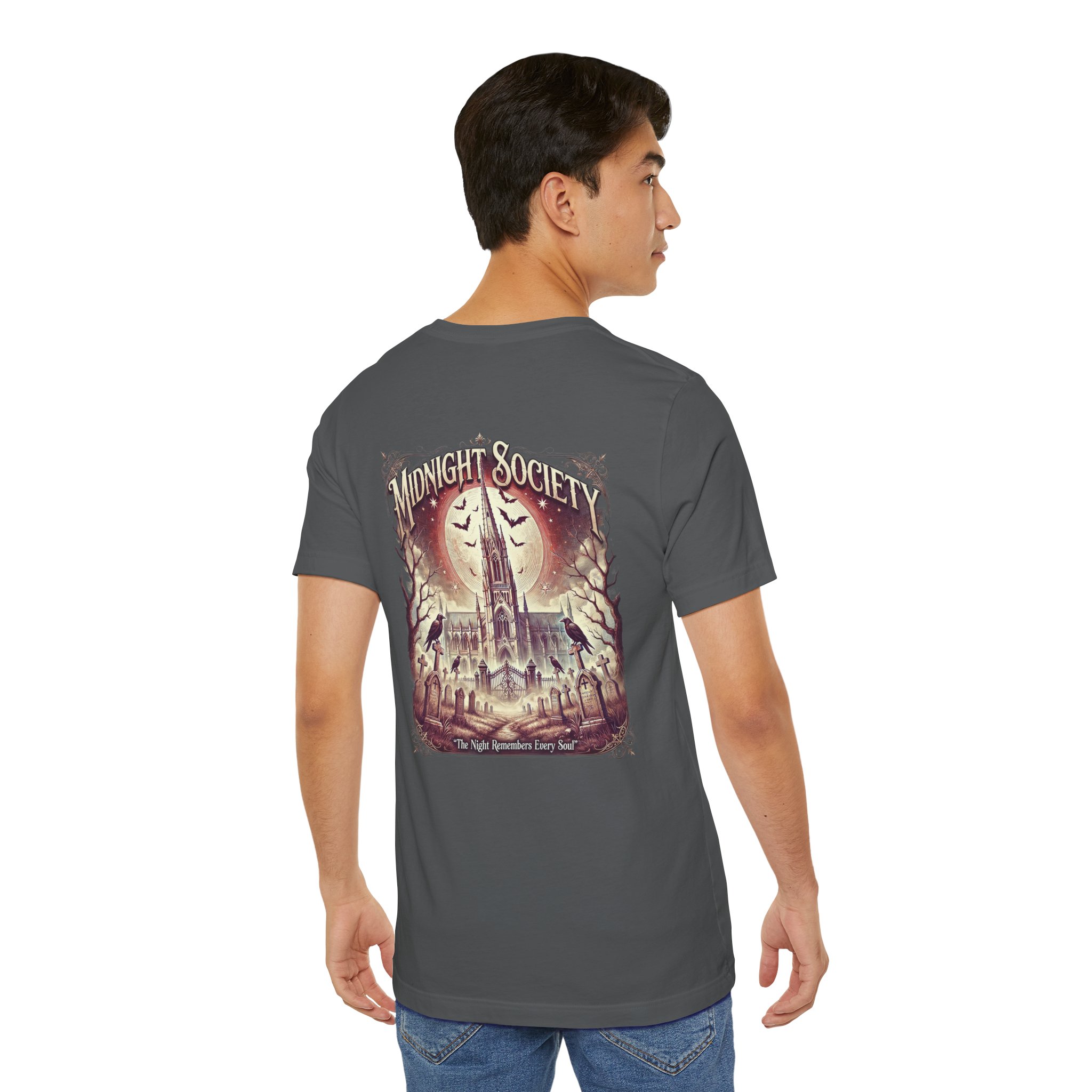 Woman wearing Midnight Society Gothic Halloween graphic t-shirt featuring vintage moon and bat front design. Bella+Canvas Midnight Society Halloween t-shirt with gothic front print on premium unisex cotton tee. Front view of Midnight Society spooky season graphic tee with moon, bats and vintage gothic typography. Premium Halloween graphic t-shirt with minimalist Midnight Society front artwork for autumn fashion