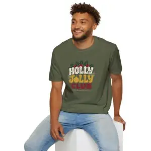 Holly Jolly Club retro Christmas graphic T-shirt on female model Black Holly Jolly Club holiday graphic tee front view Vintage Christmas typography unisex T-shirt Retro festive Christmas shirt with holly leaf design