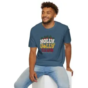 Holly Jolly Club retro Christmas graphic T-shirt on female model Black Holly Jolly Club holiday graphic tee front view Vintage Christmas typography unisex T-shirt Retro festive Christmas shirt with holly leaf design