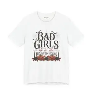 Front Mockup 1 Woman wearing the Bad Girls Go to the Haunted House Halloween graphic t-shirt featuring vintage typography, pumpkins, bats, and spiderweb artwork. Front Mockup 2 Cute Halloween graphic tee with "Bad Girls Go to the Haunted House" design on a premium Bella+Canvas 3001 t-shirt. Front Mockup 3 Women's spooky season t-shirt featuring vintage pumpkin artwork and playful Halloween typography. Front Mockup 4 Bella+Canvas Halloween t-shirt with gothic lettering, smiling jack-o'-lanterns, bats, and autumn floral details. Back Mockup 1 Back view of the Bella+Canvas 3001 Halloween graphic t-shirt showing the modern retail fit. Back Mockup 2 Rear view of the premium unisex Halloween t-shirt from Brumbynorth. Close-up 1 Close-up of the premium Halloween graphic print showing detailed typography, pumpkins, and bats. Close-up 2 Detailed close-up of the DTF printed Halloween artwork on soft Airlume combed ring-spun cotton