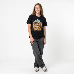 Alpine Holiday Lodge vintage mountain cabin graphic T-shirt on female model Black Alpine Holiday Lodge Christmas graphic tee front view Cozy mountain lodge holiday unisex T-shirt Winter cabin Christmas graphic shirt with alpine scenery