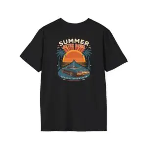 A retro summer road-trip graphic featuring a sunset, palm trees and classic car details, finished with Summer After Dark and Coastal Drive — 1979 lettering. A bold vintage-inspired addition to everyday streetwear.