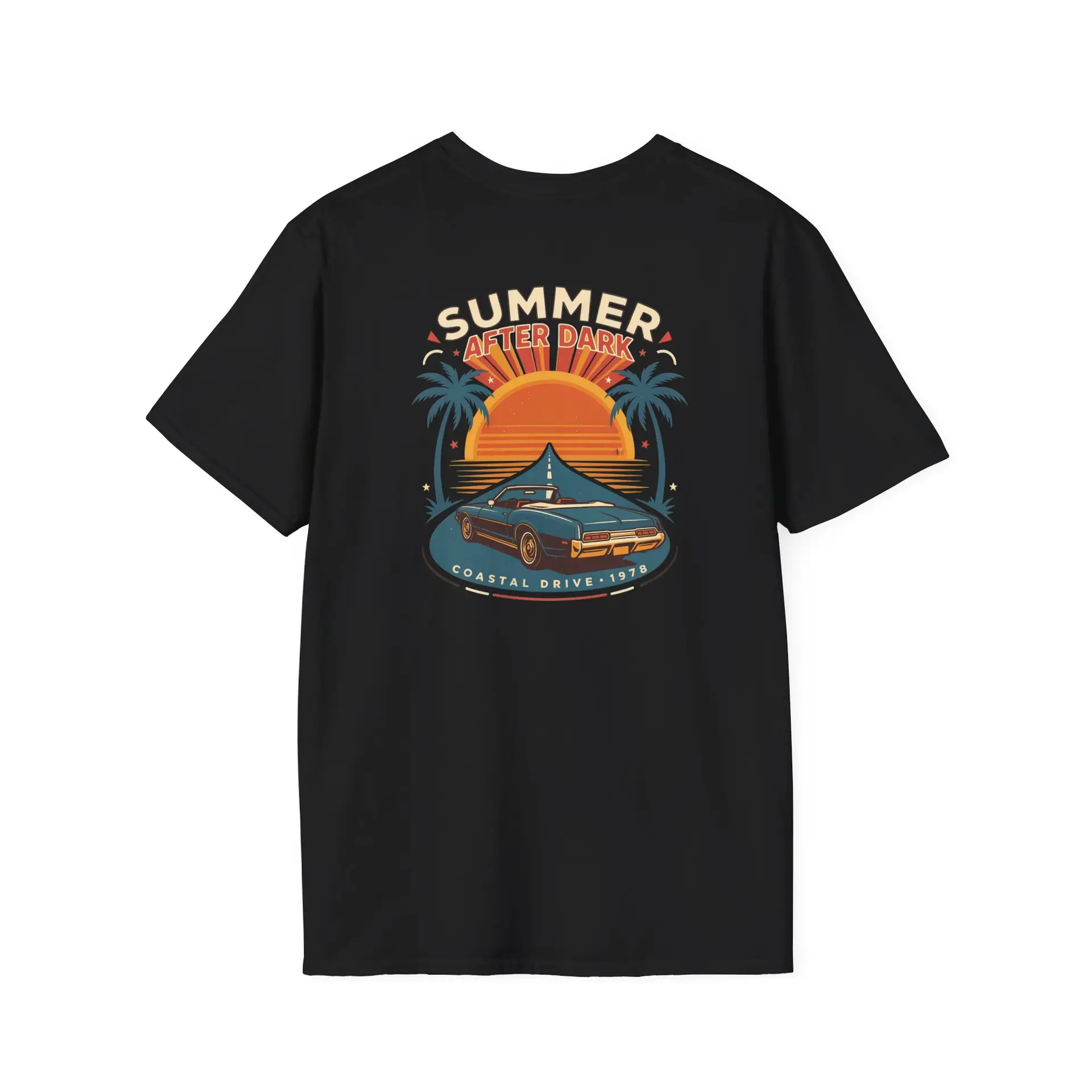 A retro summer road-trip graphic featuring a sunset, palm trees and classic car details, finished with Summer After Dark and Coastal Drive — 1979 lettering. A bold vintage-inspired addition to everyday streetwear.