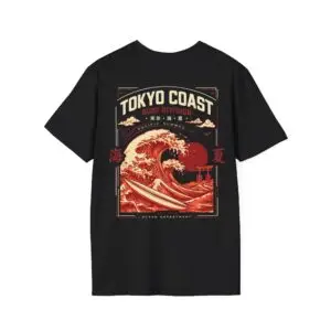 Tokyo Coast Surf Division Japanese wave graphic T-shirt shown from the back on a male model in a studio. Short SEO Alt Text Tokyo Coast Japanese wave graphic back print T-shirt