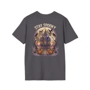 A black Stay Spooky Halloween t-shirt featuring a retro script chest graphic with subtle Halloween accents.