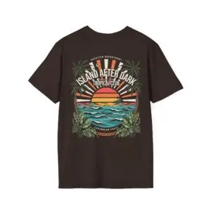 A retro tropical graphic tee built around the Island After Dark mood, with a sunset, ocean waves and palm leaves. Lightweight, unisex and easy to style for relaxed everyday looks.