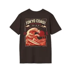 Tokyo Coast Surf Division Japanese wave graphic T-shirt shown from the back on a male model in a studio. Short SEO Alt Text Tokyo Coast Japanese wave graphic back print T-shirt
