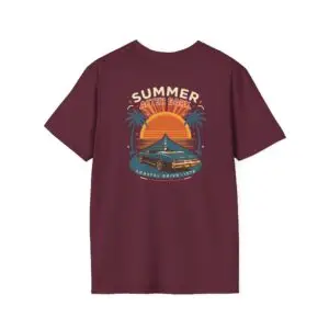 A retro summer road-trip graphic featuring a sunset, palm trees and classic car details, finished with Summer After Dark and Coastal Drive — 1979 lettering. A bold vintage-inspired addition to everyday streetwear.