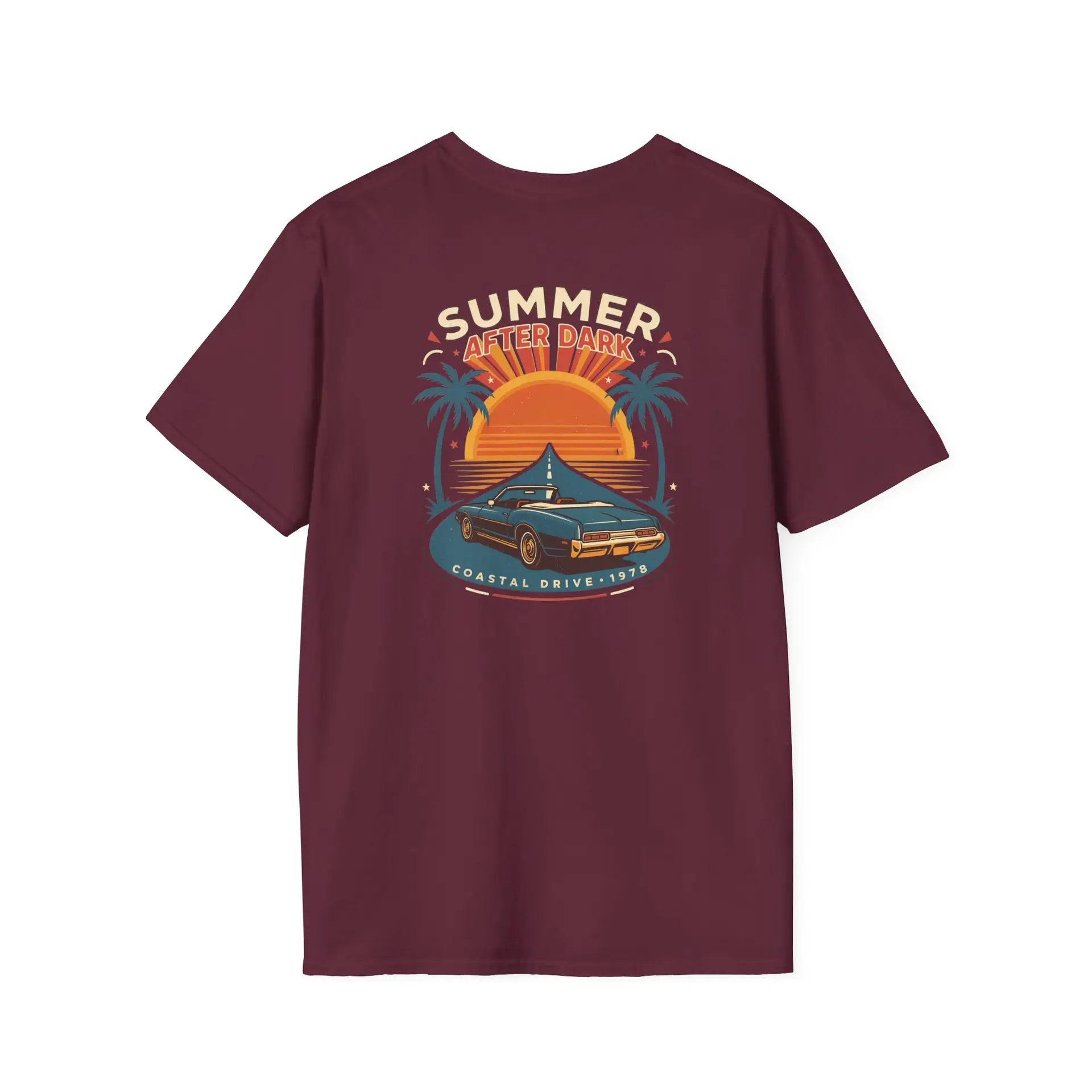 A retro summer road-trip graphic featuring a sunset, palm trees and classic car details, finished with Summer After Dark and Coastal Drive — 1979 lettering. A bold vintage-inspired addition to everyday streetwear.