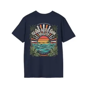 A retro tropical graphic tee built around the Island After Dark mood, with a sunset, ocean waves and palm leaves. Lightweight, unisex and easy to style for relaxed everyday looks.