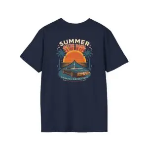 A retro summer road-trip graphic featuring a sunset, palm trees and classic car details, finished with Summer After Dark and Coastal Drive — 1979 lettering. A bold vintage-inspired addition to everyday streetwear.