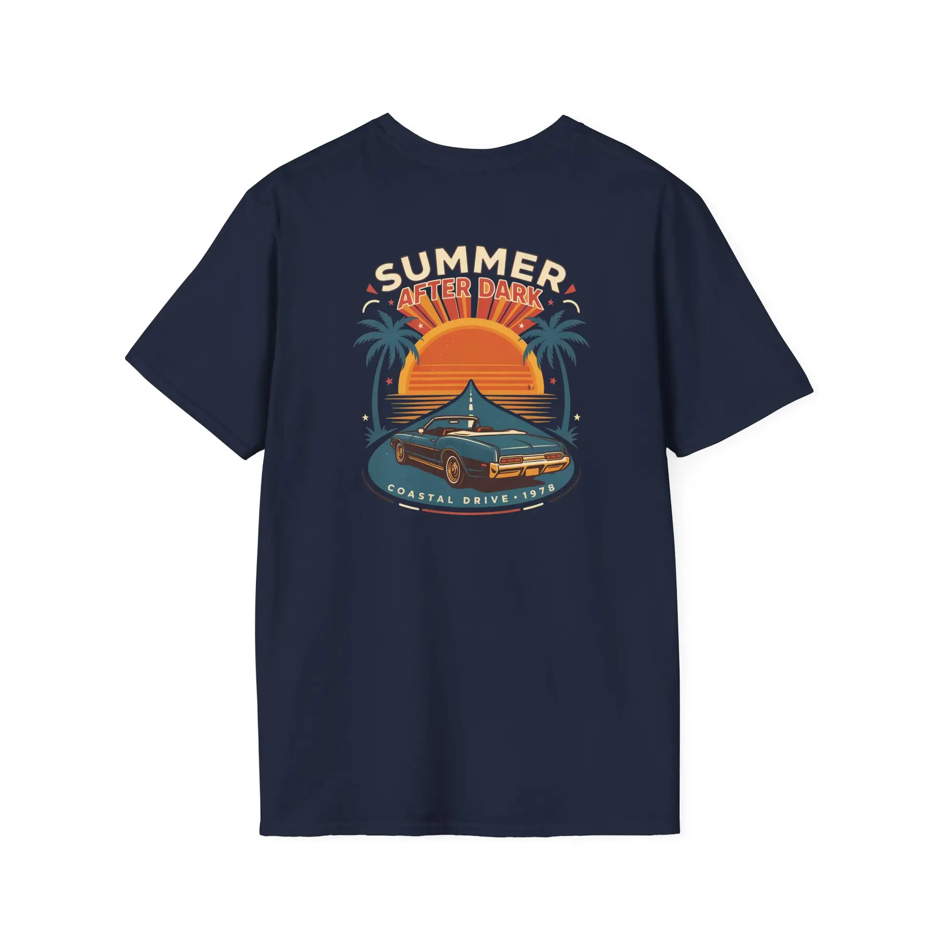 A retro summer road-trip graphic featuring a sunset, palm trees and classic car details, finished with Summer After Dark and Coastal Drive — 1979 lettering. A bold vintage-inspired addition to everyday streetwear.