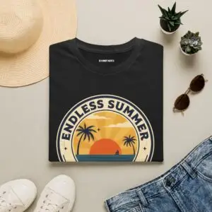 Image Alt Text Main Image Female model wearing an Endless Summer Club vintage California graphic t-shirt with a sunset, palm trees, and ocean design. Product-Focused Alt Text Endless Summer Club unisex t-shirt featuring a retro California coast sunset and palm tree graphic on a white tee. SEO-Friendly Alt Text Vintage California summer graphic t-shirt with Endless Summer Club typography, sunset, palm trees, and ocean artwork.