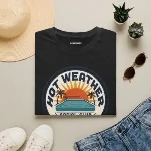 Hot Weather Social Club vintage summer graphic featuring sunset, palm trees, and retro poolside artwork