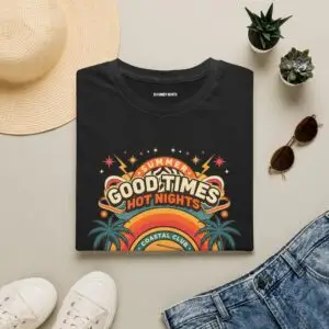 A vintage summer graphic built around Good Times Hot Nights, a retro radio and the Coastal Club aesthetic. Lightweight, easygoing and made for warm-weather streetwear.