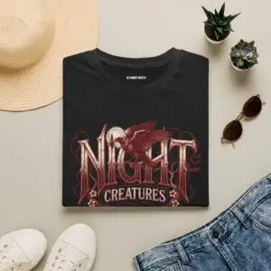 Model wearing a black Spooky Night Creatures gothic raven graphic unisex T-shirt Short Product Text A dark Halloween-inspired graphic tee featuring gothic lettering, a raven, and a vintage-horror feel. Made from lightweight ring-spun cotton for an easy everyday streetwear fit.