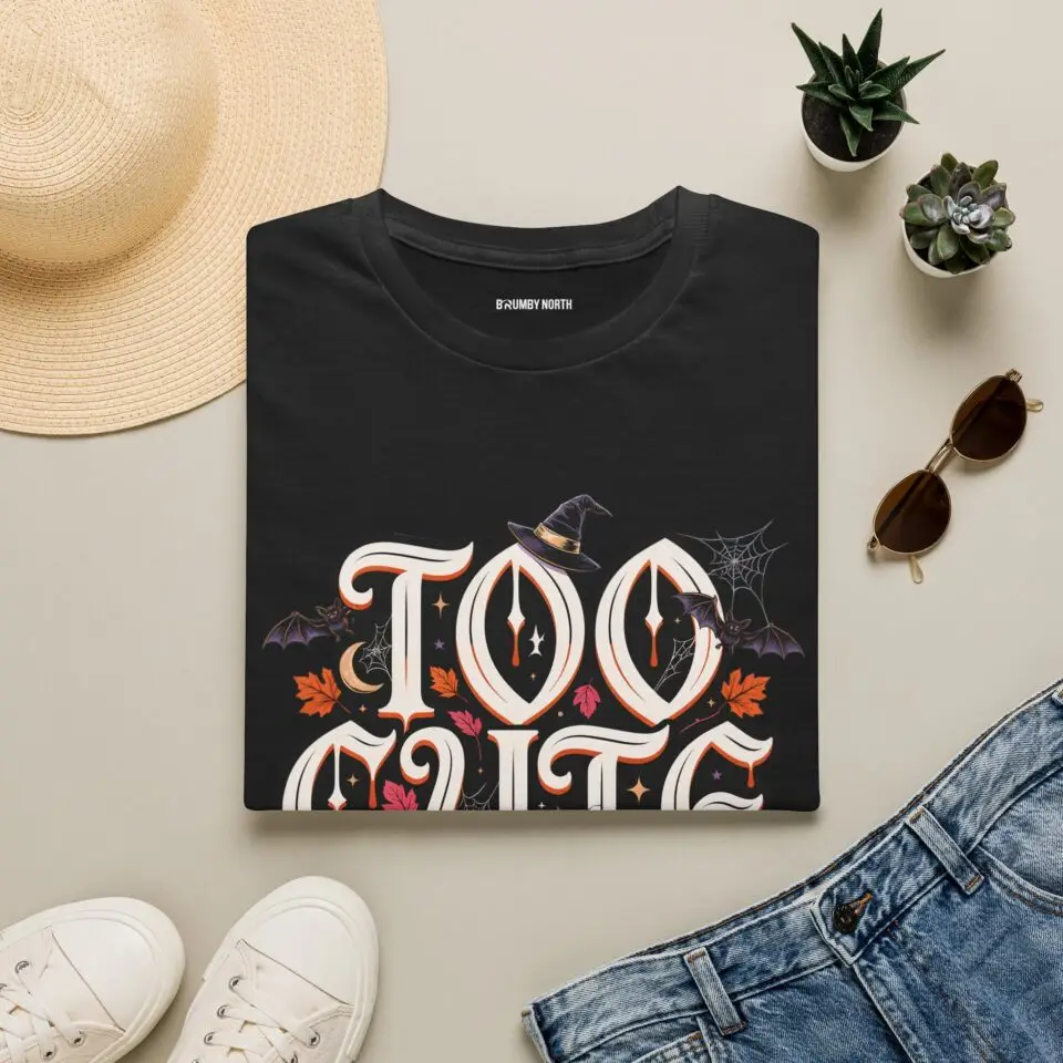 Main Product Image Woman wearing a black Too Cute To Haunt Halloween graphic t-shirt featuring vintage typography, a cute ghost, pumpkin, autumn leaves, and spooky accents in a professional studio.