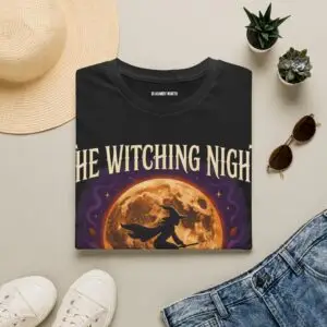 Front view of a black Gildan Softstyle 64000 unisex t-shirt featuring "The Witching Night" vintage Halloween graphic with a full moon, flying witch, and gothic typography, modeled in a studio setting.