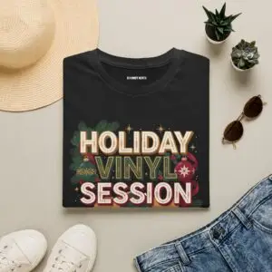 Front Images Holiday Vinyl Session retro Christmas record graphic T-shirt on female model Black Holiday Vinyl Session Christmas vinyl graphic tee front view Vintage Christmas music lover unisex T-shirt Retro vinyl record holiday graphic shirt Lifestyle Images Woman wearing Holiday Vinyl Session Christmas T-shirt in studio Casual festive outfit featuring Holiday Vinyl Session graphic tee Close-up Images Holiday Vinyl Session Christmas vinyl record graphic close-up Premium DTG printed retro holiday music design on black T-shirt