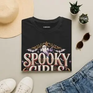 Spooky Girls Only Halloween graphic t-shirt featuring vintage Halloween artwork with a ghost, pumpkins, bats and gothic details.