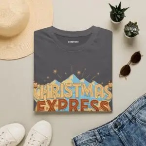 Front Images Christmas Express vintage holiday train graphic T-shirt on female model Charcoal Christmas Express retro locomotive graphic tee front view Vintage Christmas train unisex T-shirt Holiday steam train Christmas graphic shirt Lifestyle Images Woman wearing Christmas Express holiday T-shirt in studio Casual festive outfit featuring Christmas Express graphic tee Close-up Images Christmas Express vintage train graphic close-up on charcoal T-shirt Premium DTG printed Christmas locomotive design details