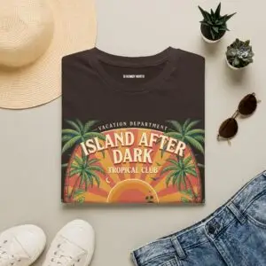 A vintage vacation club graphic with an after-dark attitude. Island After Dark blends tropical palms, sunset colors and ocean waves into an easygoing retro streetwear tee.