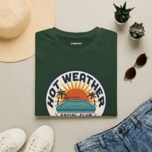 Hot Weather Social Club vintage summer graphic featuring sunset, palm trees, and retro poolside artwork