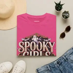 Spooky Girls Only Halloween graphic t-shirt featuring vintage Halloween artwork with a ghost, pumpkins, bats and gothic details.