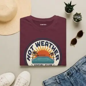 Hot Weather Social Club vintage summer graphic featuring sunset, palm trees, and retro poolside artwork
