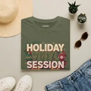 Front Images Holiday Vinyl Session retro Christmas record graphic T-shirt on female model Black Holiday Vinyl Session Christmas vinyl graphic tee front view Vintage Christmas music lover unisex T-shirt Retro vinyl record holiday graphic shirt Lifestyle Images Woman wearing Holiday Vinyl Session Christmas T-shirt in studio Casual festive outfit featuring Holiday Vinyl Session graphic tee Close-up Images Holiday Vinyl Session Christmas vinyl record graphic close-up Premium DTG printed retro holiday music design on black T-shirt