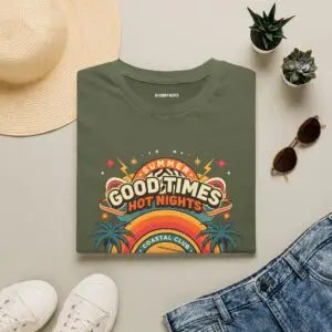 A vintage summer graphic built around Good Times Hot Nights, a retro radio and the Coastal Club aesthetic. Lightweight, easygoing and made for warm-weather streetwear.