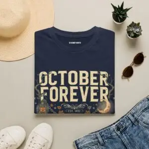 October Forever vintage Halloween graphic t-shirt featuring distressed typography, glowing crescent moon, lantern, autumn leaves, vines, and gothic fall-inspired artwork on a premium Gildan Softstyle unisex tee.
