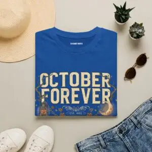 October Forever vintage Halloween graphic t-shirt featuring distressed typography, glowing crescent moon, lantern, autumn leaves, vines, and gothic fall-inspired artwork on a premium Gildan Softstyle unisex tee.