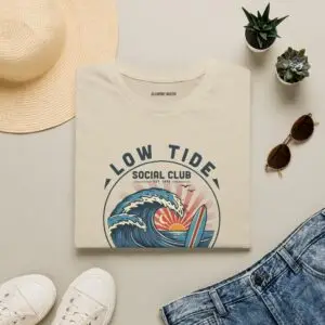 A laid-back surf tee built around a vintage coastal crest, curling wave, pastel sunset, and retro Low Tide Social Club lettering. Easy everyday streetwear with a relaxed summer feel.