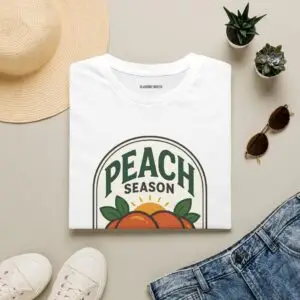 Peach Season vintage graphic T-shirt worn by a female model with relaxed black jeans in a studio setting. Shorter SEO Alt Text Peach Season vintage fruit graphic unisex T-shirt