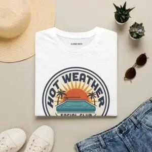 Hot Weather Social Club vintage summer graphic featuring sunset, palm trees, and retro poolside artwork