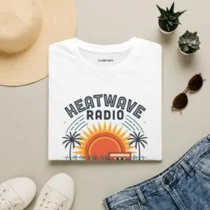 A vintage summer broadcast in T-shirt form. Heatwave Radio combines sunset colors, palm trees and retro radio graphics for an easygoing streetwear look.