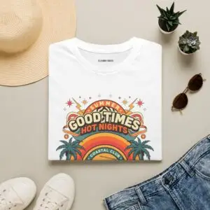 A vintage summer graphic built around Good Times Hot Nights, a retro radio and the Coastal Club aesthetic. Lightweight, easygoing and made for warm-weather streetwear.