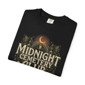 Front View Woman wearing a Comfort Colors Midnight Cemetery Club Halloween graphic t-shirt featuring vintage gothic typography, moonlit cemetery artwork, and a relaxed garment-dyed fit. Lifestyle Alt Text Premium Comfort Colors 1717 garment-dyed Halloween t-shirt with Midnight Cemetery Club vintage cemetery design, photographed on a female model in a casual lifestyle setting.