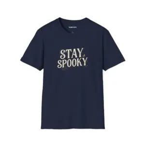 A black Stay Spooky Halloween t-shirt featuring a retro script chest graphic with subtle Halloween accents.