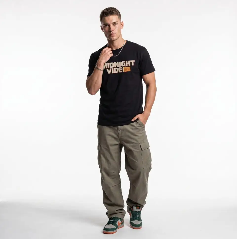 Model wearing the Midnight Video retro graphic unisex T-shirt in a studio Short Product Text Late-night video store nostalgia meets everyday streetwear. The Midnight Video T-Shirt features a retro-inspired graphic built around “MIDNIGHT VIDEO” and “RENT AFTER DARK.” SEO Keywords / Tags midnight video t-shirt, retro graphic tee, VHS t-shirt, vintage video store tee, retro streetwear, nostalgic graphic t-shirt, unisex graphic tee, retro movie shirt, casual streetwear, 90s inspired t-shirt, after dark graphic tee
