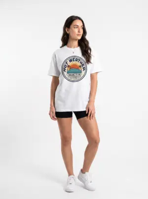Hot Weather Social Club vintage summer graphic featuring sunset, palm trees, and retro poolside artwork