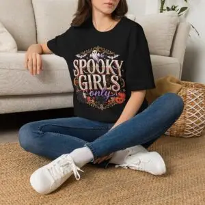 Spooky Girls Only Halloween graphic t-shirt featuring vintage Halloween artwork with a ghost, pumpkins, bats and gothic details.